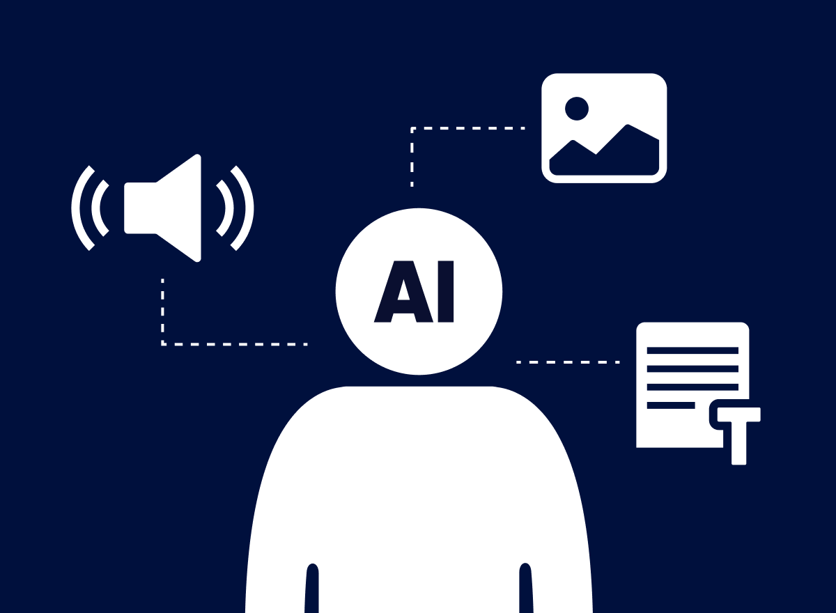 사람 모양 픽토그램의 얼굴에 AI라는 글자를 새겼다. 음성, 이미지, 텍스트를 의미하는 아이콘을 활용해 멀티모달 AI를 표현했다.